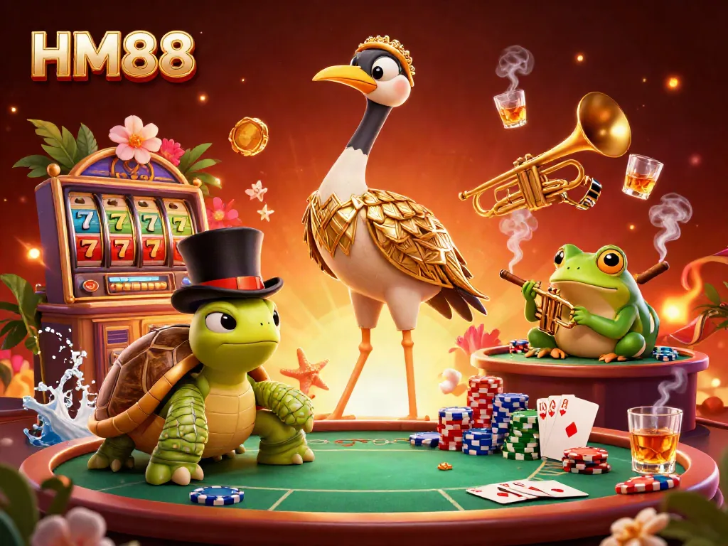 Experience the thrill of HM88 with vibrant slot reels, poker chips, and engaging characters in a lively casino atmosphere.