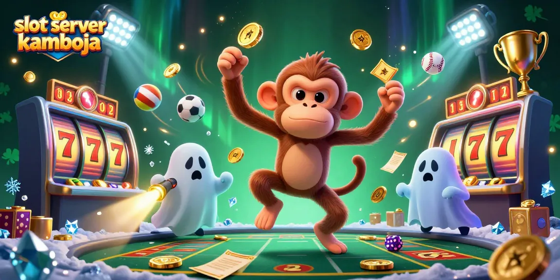 Permainan slot server Kamboja dengan monyet jinak dan pemandangan kasino menarik.