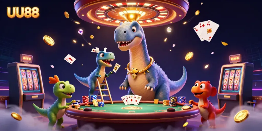 Experience the thrilling atmosphere of UU88 with a vibrant casino scene featuring playful dinosaur characters.