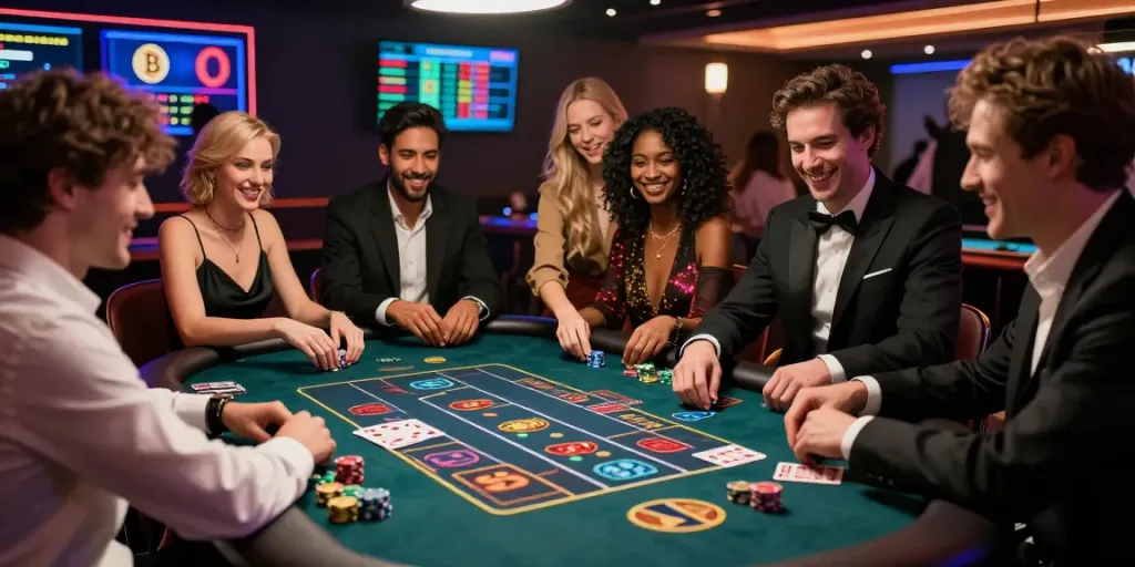 The vibrant atmosphere at https://wolfbet-bonus.com/ showcasing diverse players enjoying Bitcoin casino games.