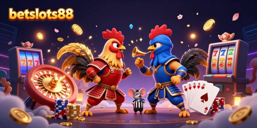 Rasakan sensasi bermain di betslots88 dengan ilustrasi ayam jantan bertarung dan elemen kasino yang menarik.
