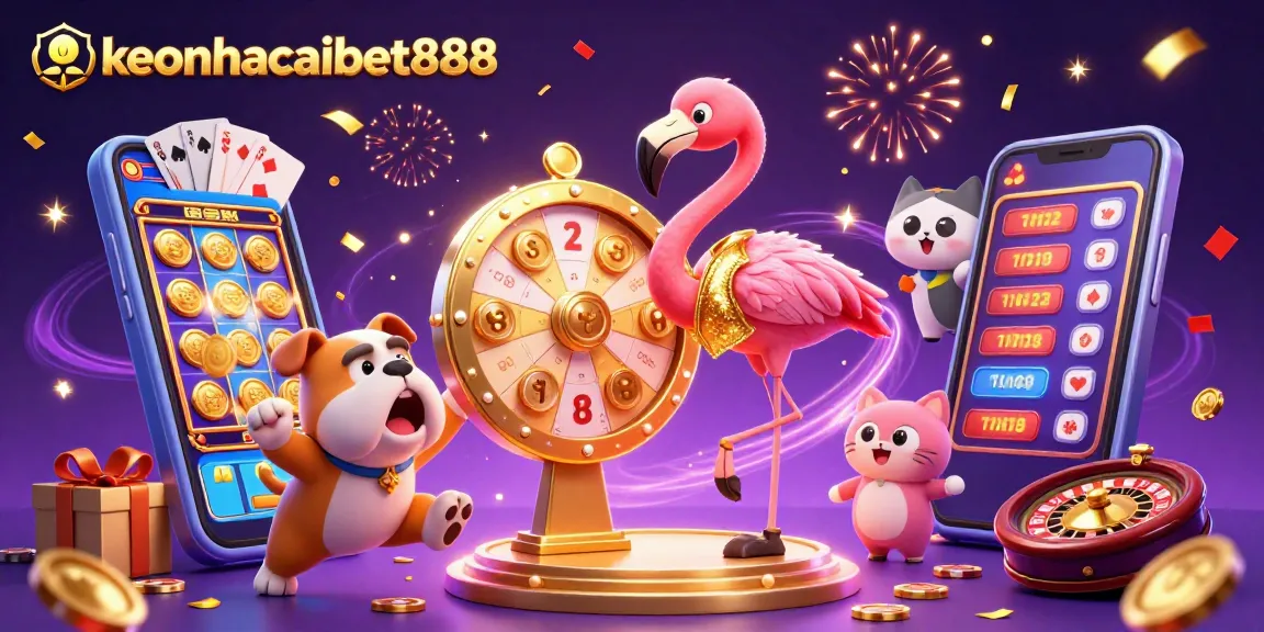 Spin the giant prize wheel with keonhacaibet888 as vibrant casino elements and characters create an exciting gambling atmosphere.