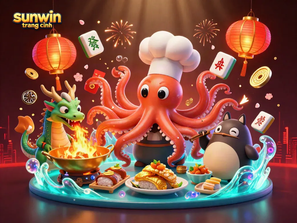 Engage with vibrant casino art featuring sunwin trang chính, a sushi octopus chef cooking with a dragon companion.