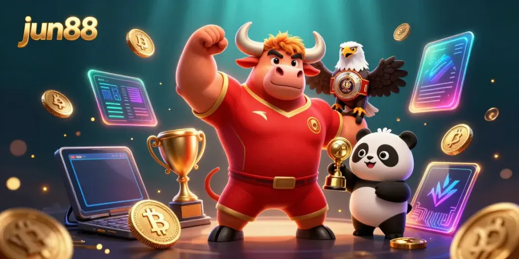 Experience thrilling victories with jun88's animated champions in a vibrant casino scene.