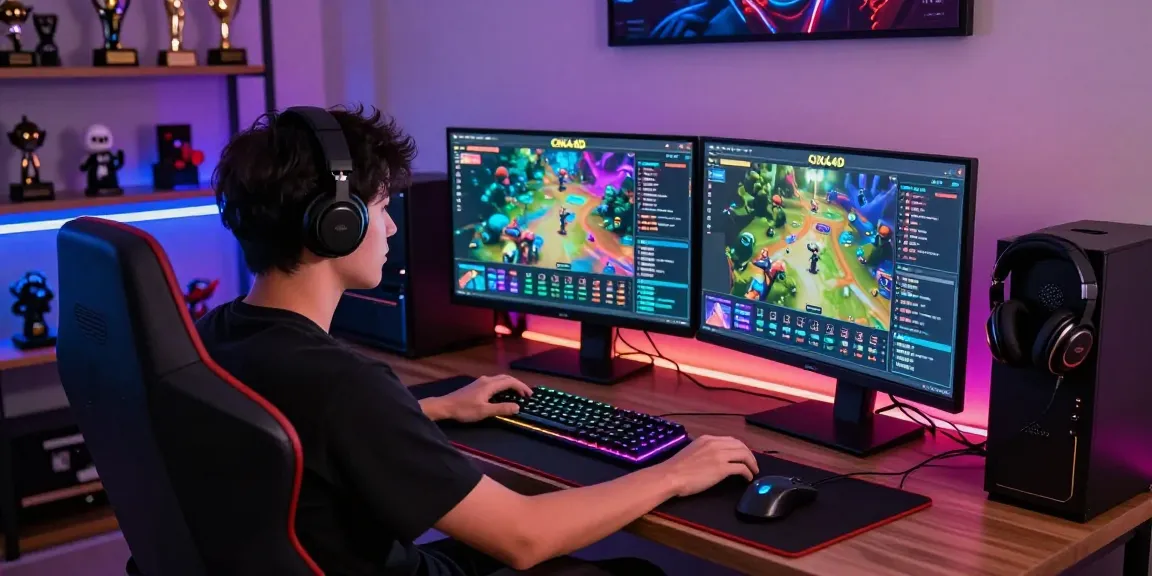 Engaged gamer playing on CIKA4D platform with vibrant setup and gaming gear.