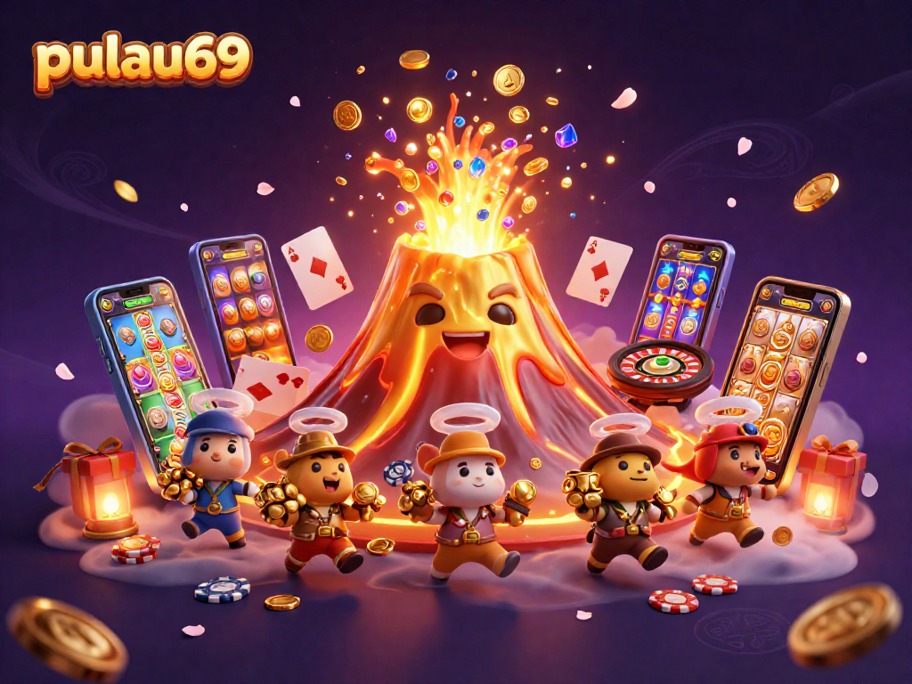 Pulau69 offers thrilling gameplay with a vibrant 3D illustration of a golden volcano and a treasure frenzy.