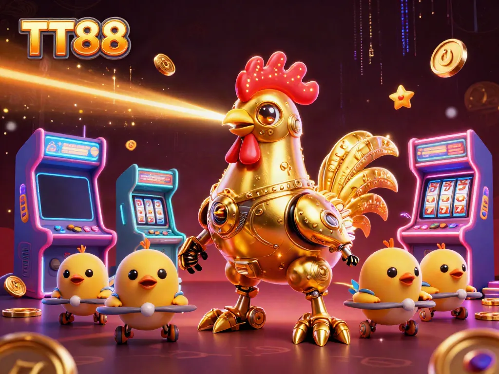 Engage with TT88's golden rooster robot and baby chick drones in a vibrant casino atmosphere.