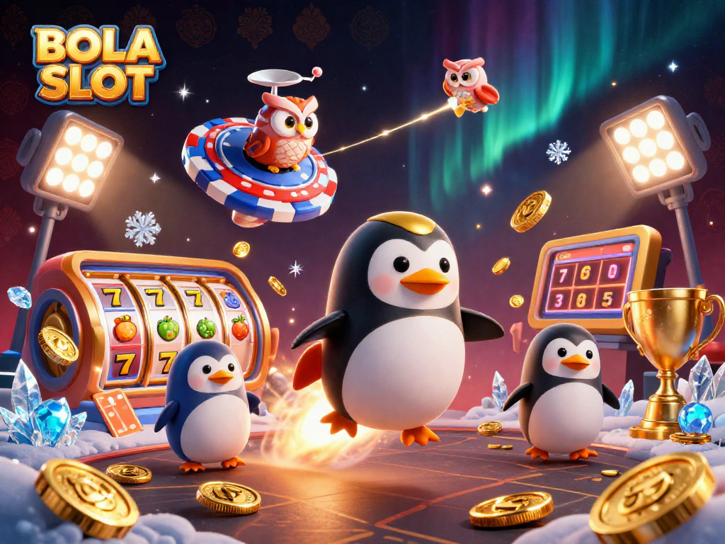 BOLA SLOT features a golden penguin launching towards a casino chip space station amidst slot symbols and golden coins.