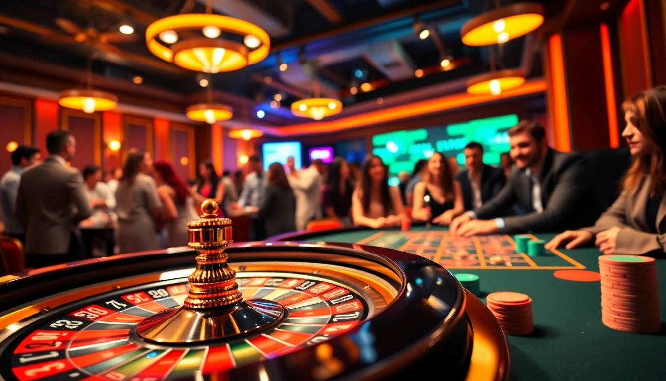 TKP188 menampilkan suasana kasino yang ramai dengan meja poker dan roda roulette.