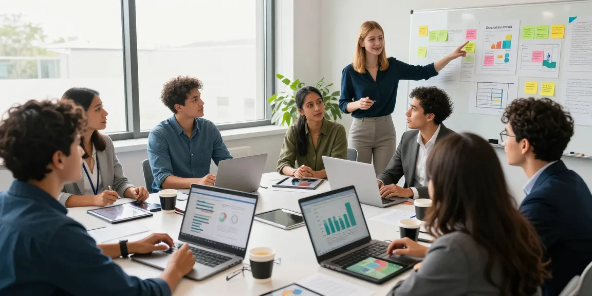 A diverse team collaborating on link slot strategies for social innovation in a modern office.