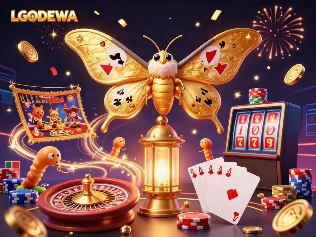 Experience thrilling gaming with LGODEWA's giant moth and dazzling casino elements.