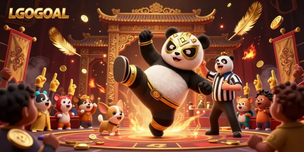 Experience thrilling sports betting action with LGOGOAL as panda wrestler impresses the cheering crowd in an energetic arena.