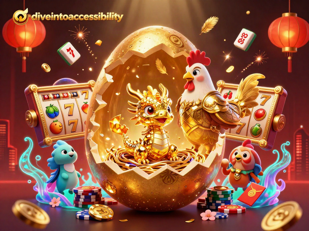 Diveintoaccessibility showcases a baby dragon and golden hen amid slot reels and festive elements, alluding to gambling excitement.