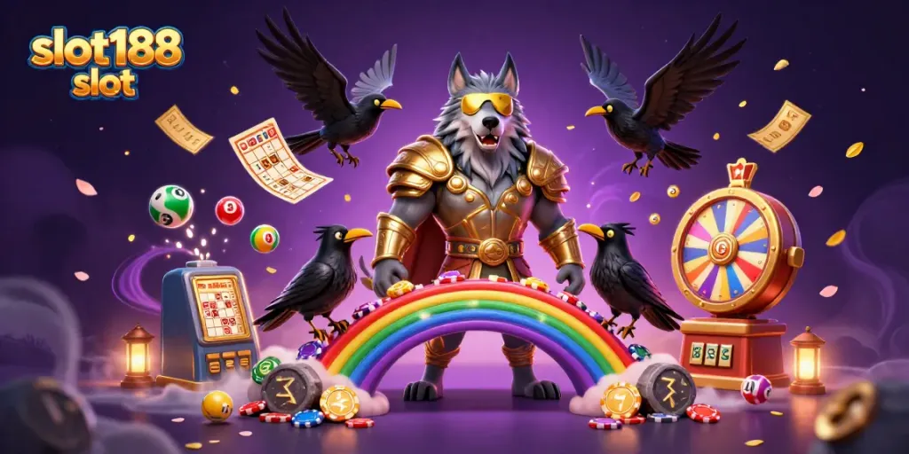 Jelajahi slot188 slot dengan Odin dan ravennya di jembatan ciptaan berwarna cerah penuh keberuntungan.