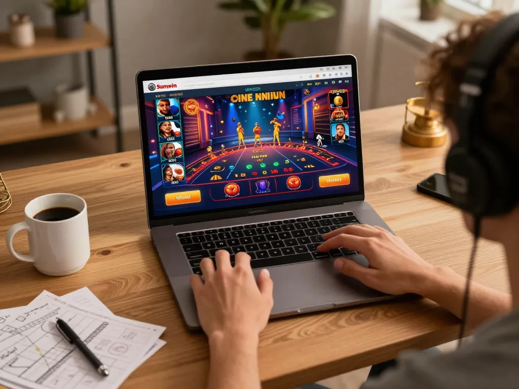 Engaging player enjoying Sunwin online casino, showcasing interactive gameplay in a cozy home setting.