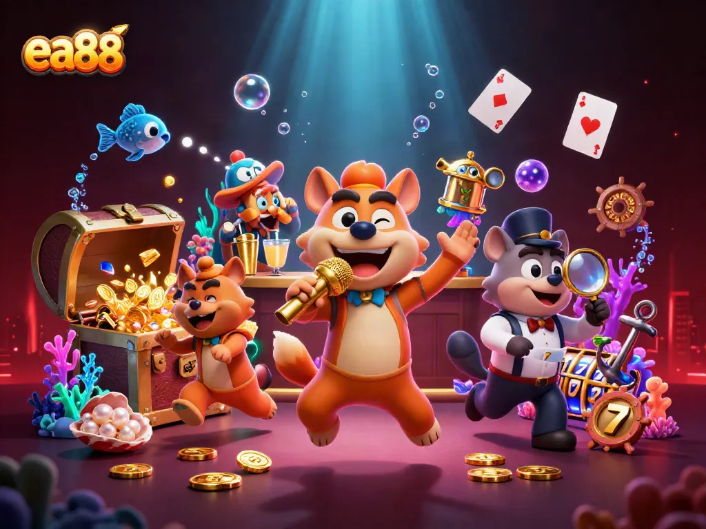 ea88 hyenas running a comedy casino with jokes, drinks, and vibrant gaming elements.