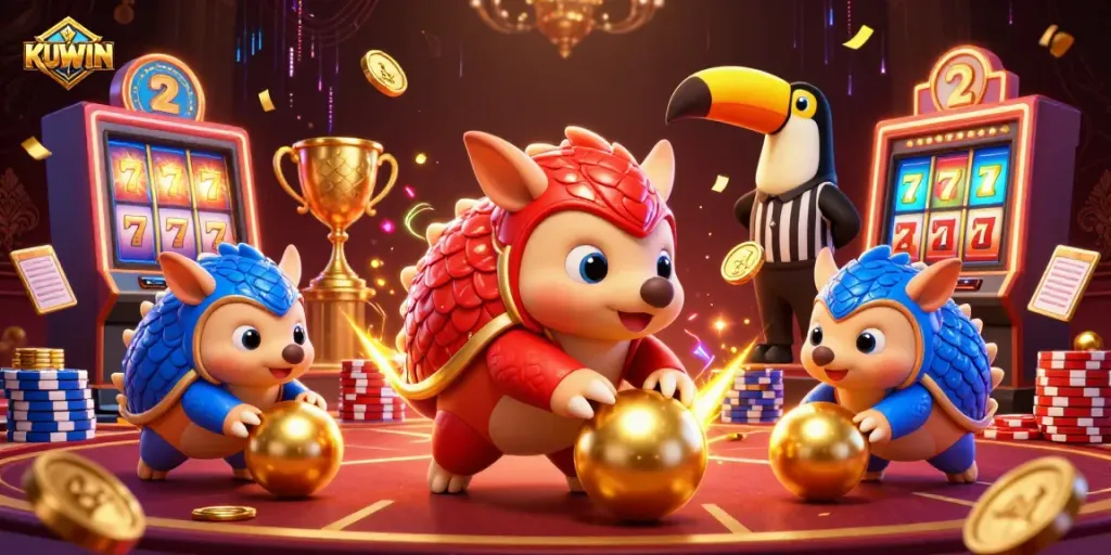 Experience thrilling KUWIN action as rival pangolins compete with vibrant casino elements.