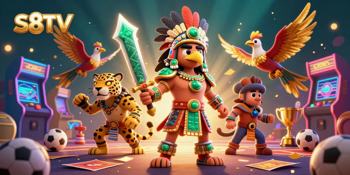 Engage in sports betting excitement with S8TV's vibrant 3D scene of warriors amidst dynamic game elements.