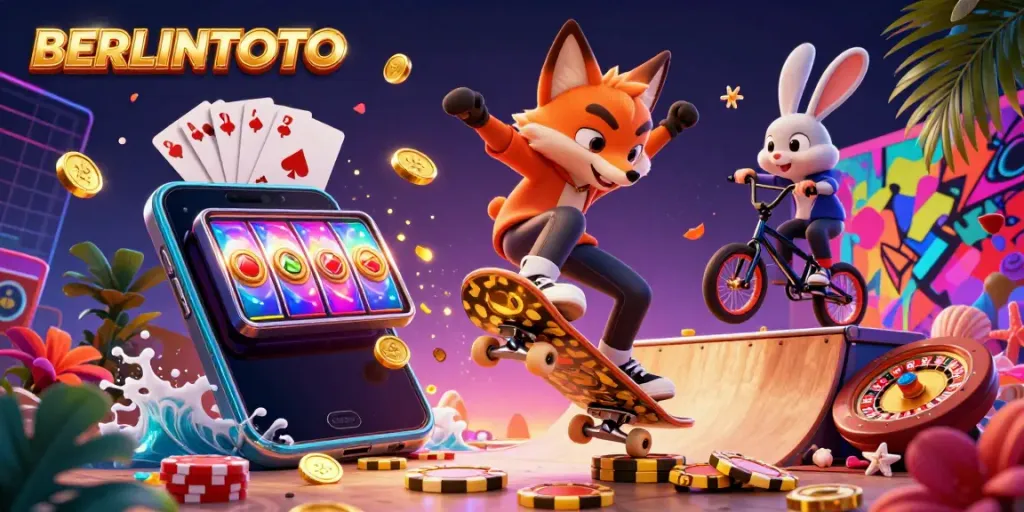 Experience the thrill of BERLINTOTO with dynamic characters, casino elements, and vibrant colors.
