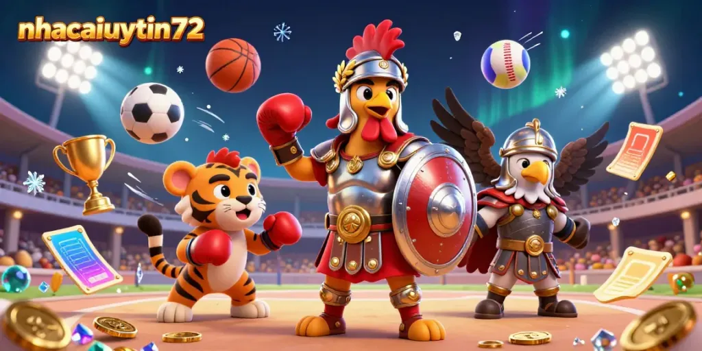 Experience the vibrant action at nhacaiuytin72 with a gladiator rooster, sports elements, and dynamic betting themes.