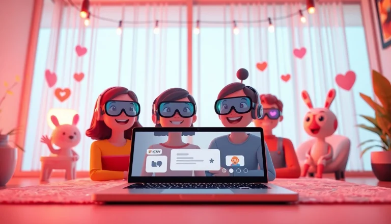 Interactive scene depicting crushon ia virtual chat with animated AI characters, showcasing vibrant colors and technology.