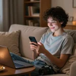 Person enjoying AI sexting in a cozy living room with a smartphone, warm ambiance.