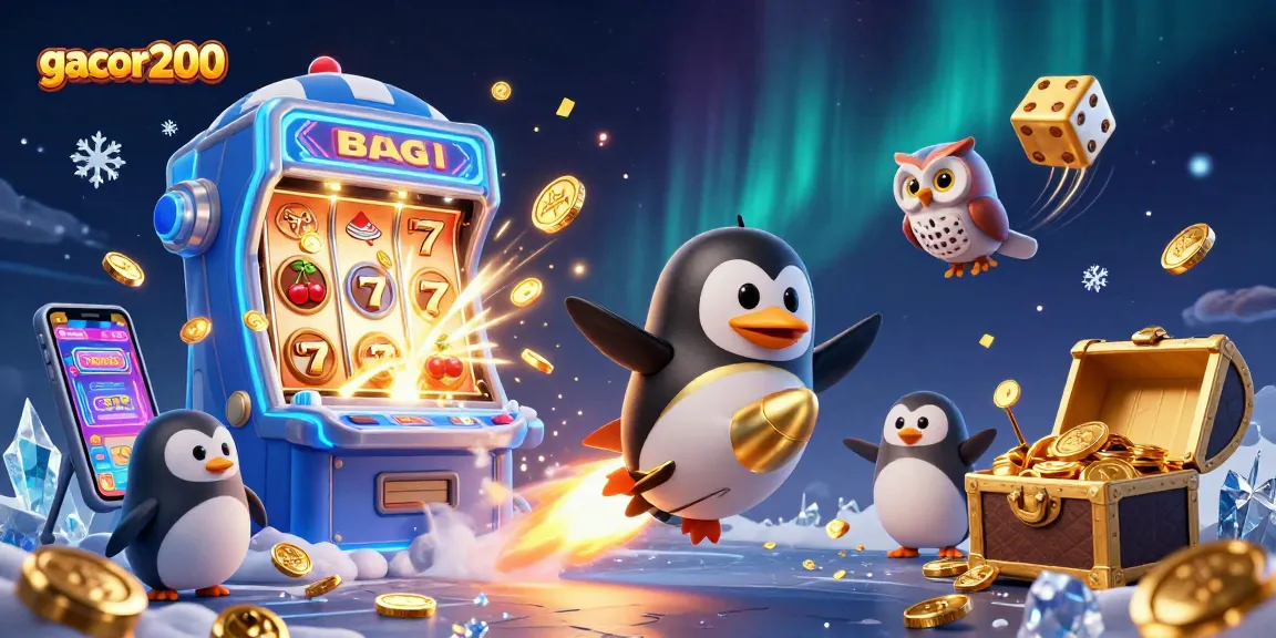 Slot online gacor200: Pinguin emas bertenaga roket menjelajahi dunia kasino dengan simbol keberuntungan.