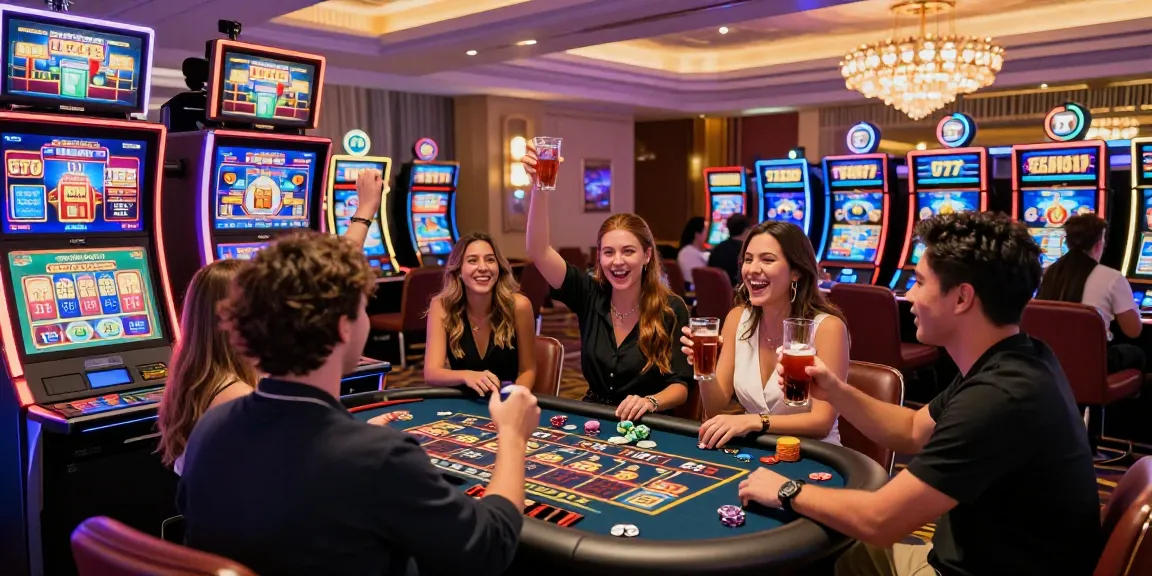 Suasana kasino LUXURY777 dengan pemain ceria merayakan kemenangan sambil bermain mesin slot.