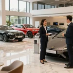 Menampilkan showroom mobil mewah LUXURY 777 dengan kendaraan premium dan suasana yang elegan.