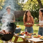 Suasana BBQ outdoor di halaman belakang dengan teman-teman menikmati BOS88, makanan lezat dan suasana menyenangkan.