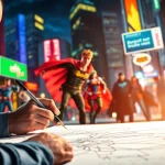 Menggambarkan kiryuu dalam aksi superhero yang dinamis di lingkungan kota yang cerah.