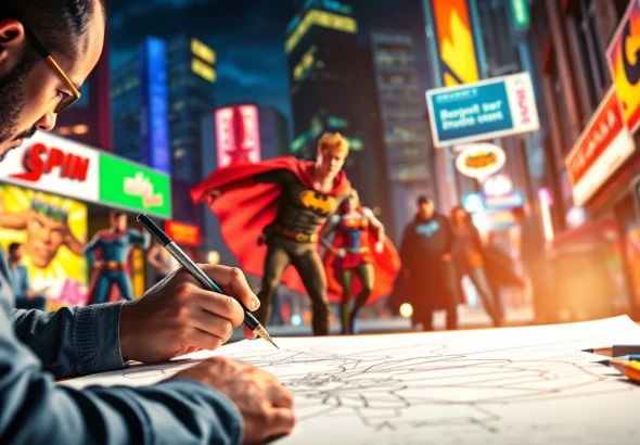 Menggambarkan kiryuu dalam aksi superhero yang dinamis di lingkungan kota yang cerah.