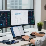 Analis mengamati grafik keuangan UE99 di kantor modern.