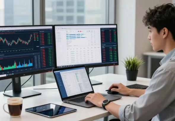 Analis mengamati grafik keuangan UE99 di kantor modern.