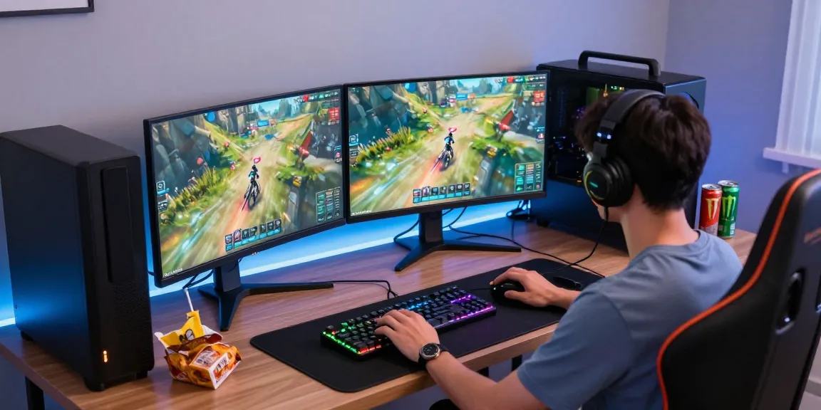 Pengaturan gaming dengan ligagalaxy yang menampilkan pemain menggunakan PC gaming dan monitor ganda